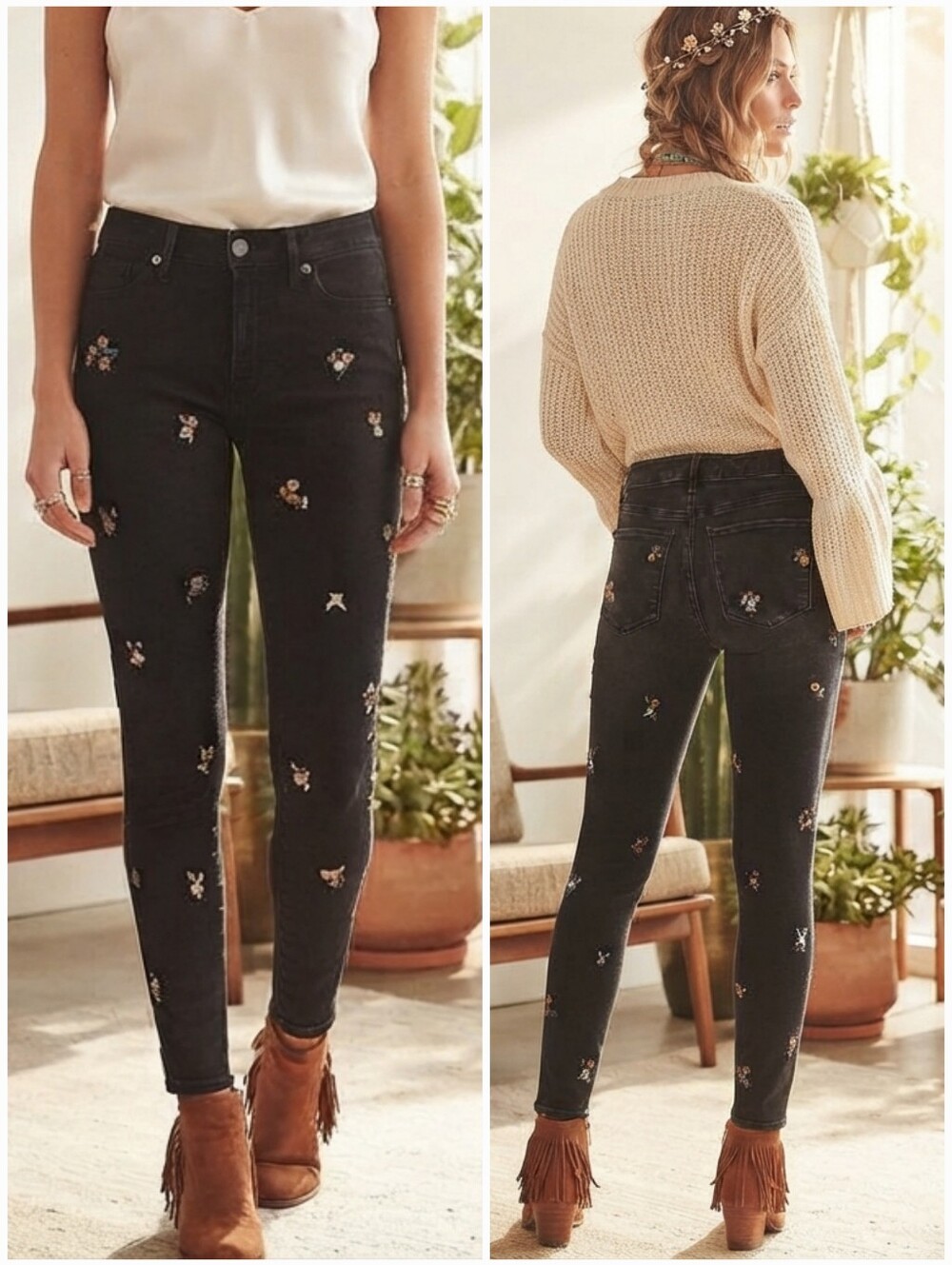 Abecrombie & Fitch Floral Embroidered High Rise Skinny Jeans 27 Boho 70s Hippie